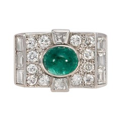 Art Deco Diamond and Cabochon Emerald Ring in Platinum