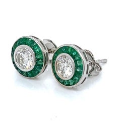 Art Deco Diamond and Calibré Emerald Target Stud Earrings in 18K White Gold
