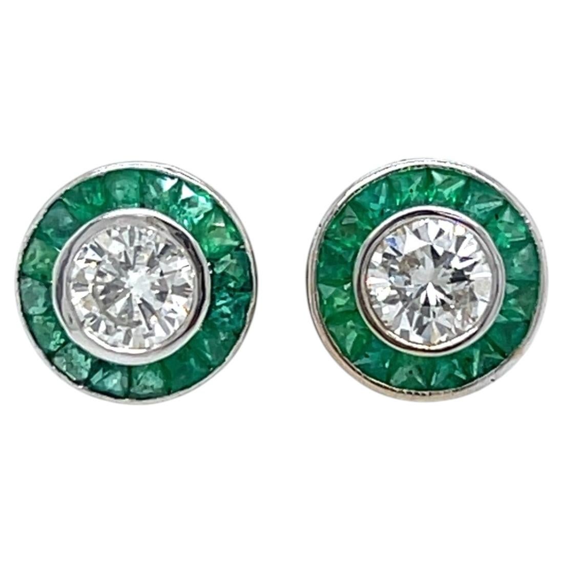 Art Deco Diamond and Calibré Emerald Target Stud Earrings in 18K White Gold