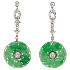 Antique Art Deco Diamond and Carved Jade Disk Pendant Earrings in Platinum