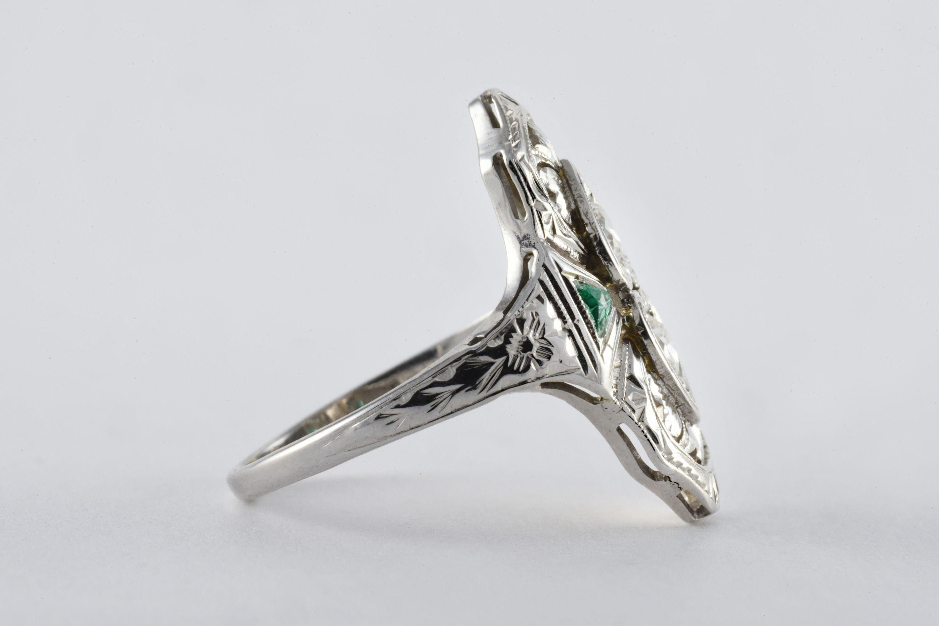 Old European Cut Art Deco Diamond and Colombian Emerald Ring  For Sale