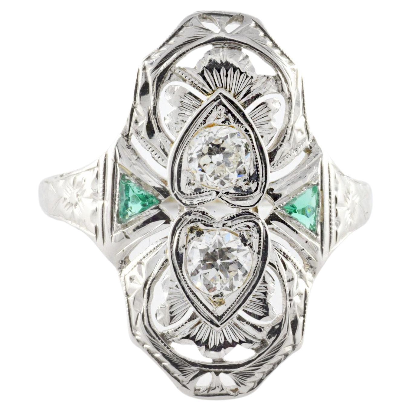 Art Deco Diamond and Colombian Emerald Ring  For Sale
