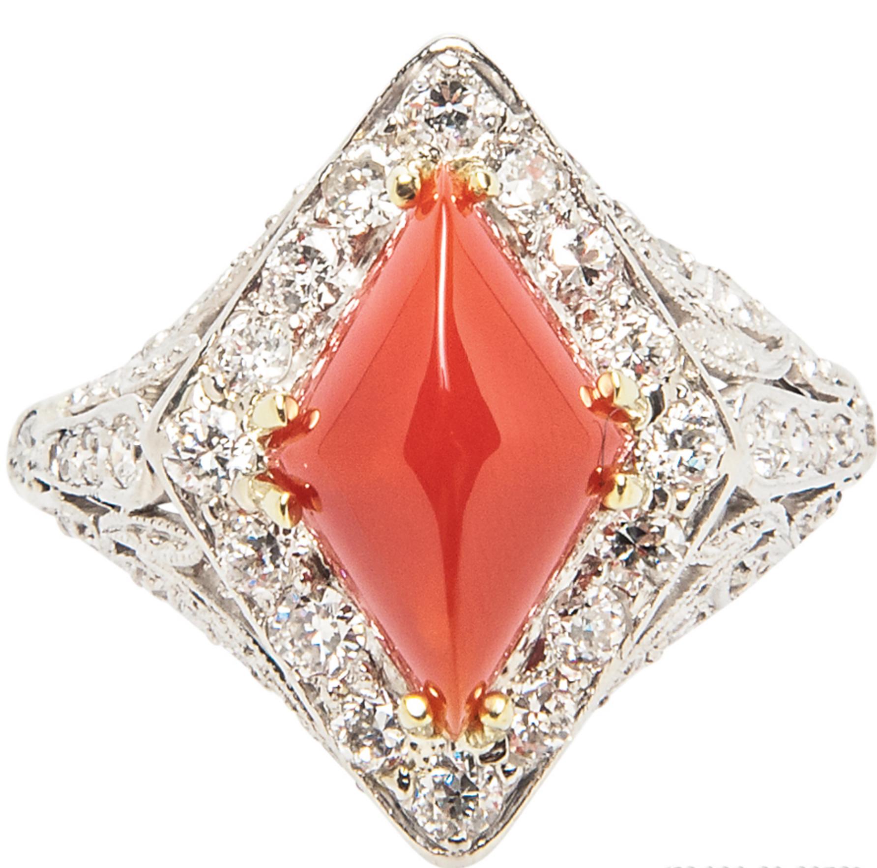 Round Cut Art Deco Diamond and Coral Ring