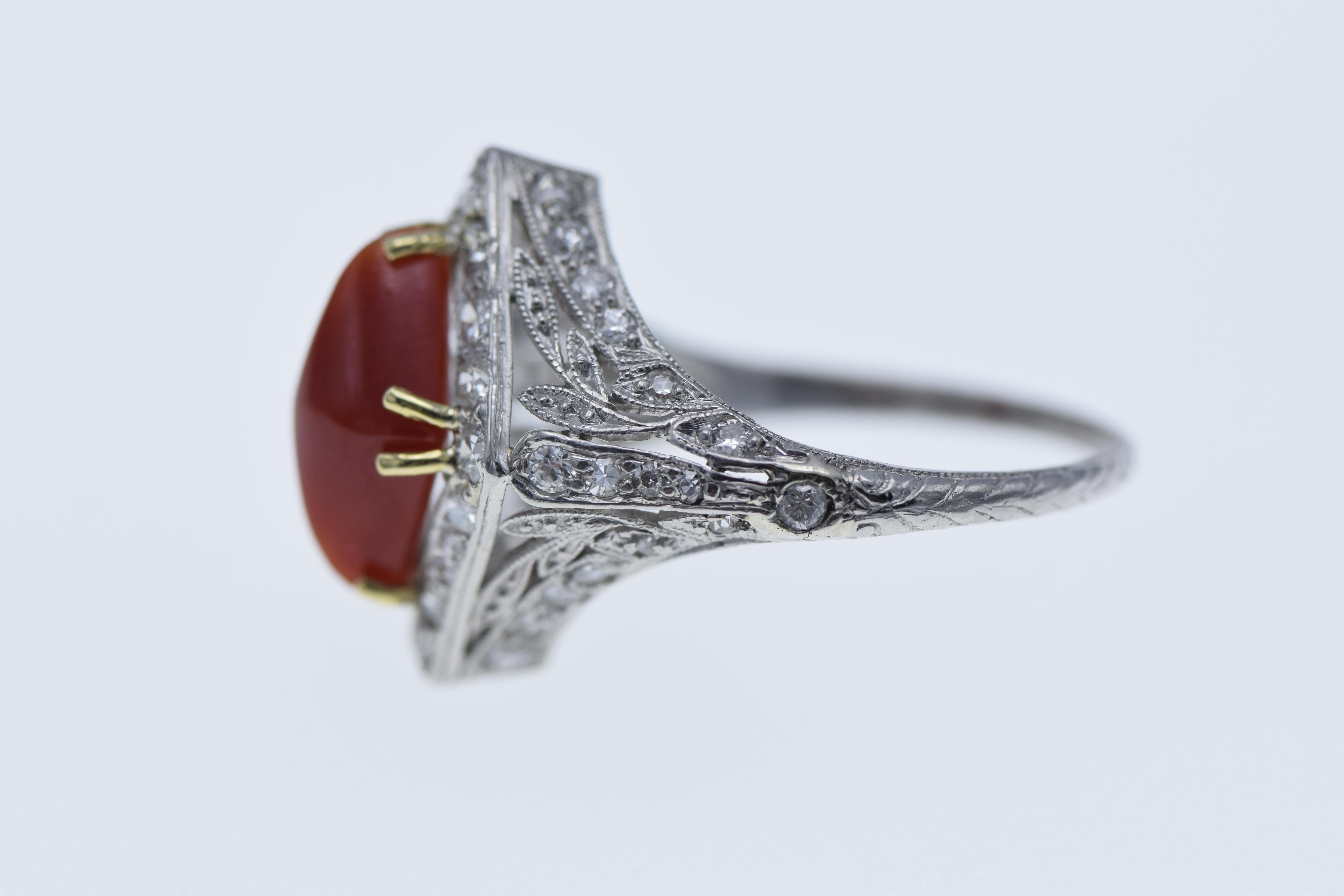 Art Deco Diamond and Coral Ring In Good Condition In New York, NY