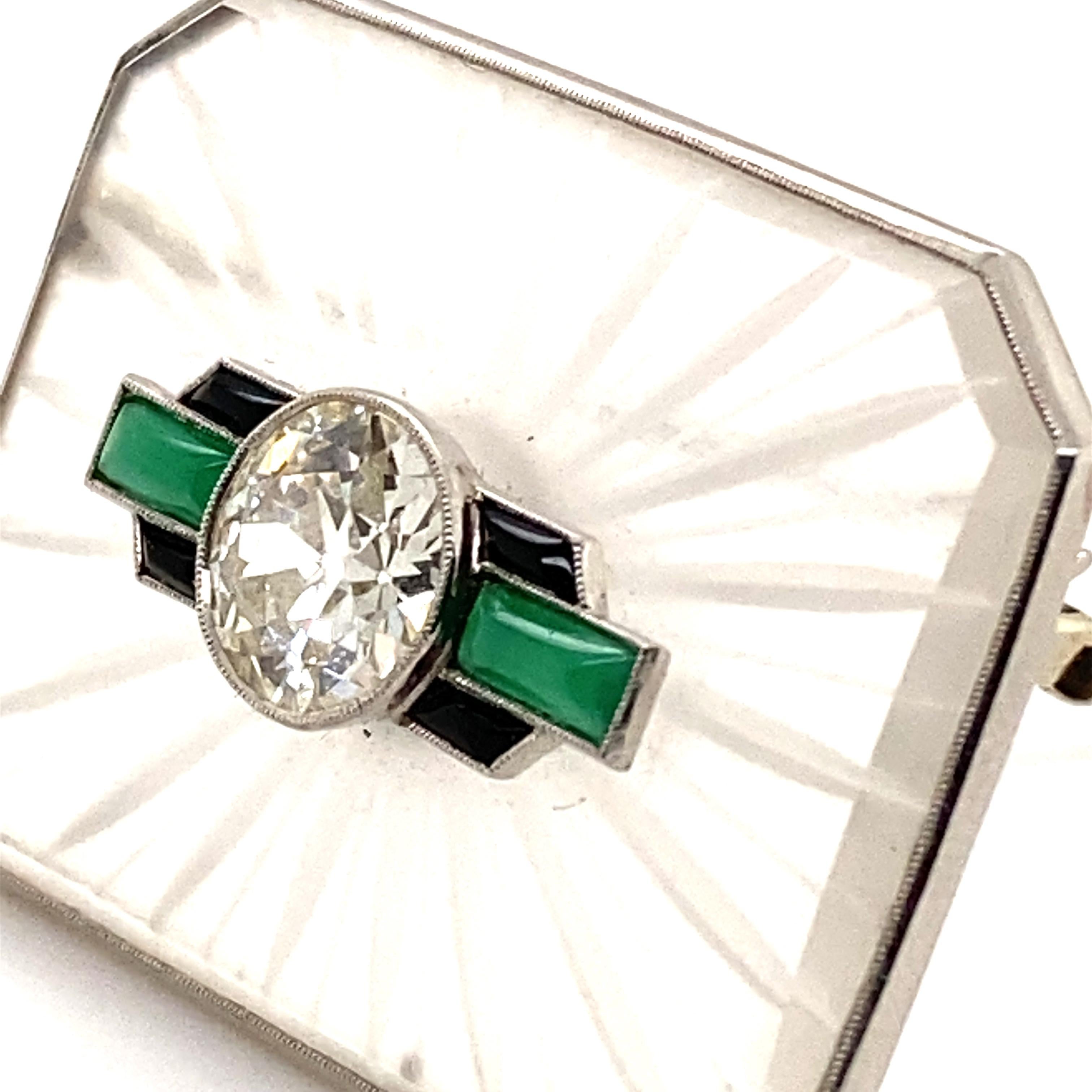 Women's or Men's Art Deco Diamond and Crystal Quartz Brooch in Platinum 950 For Sale
