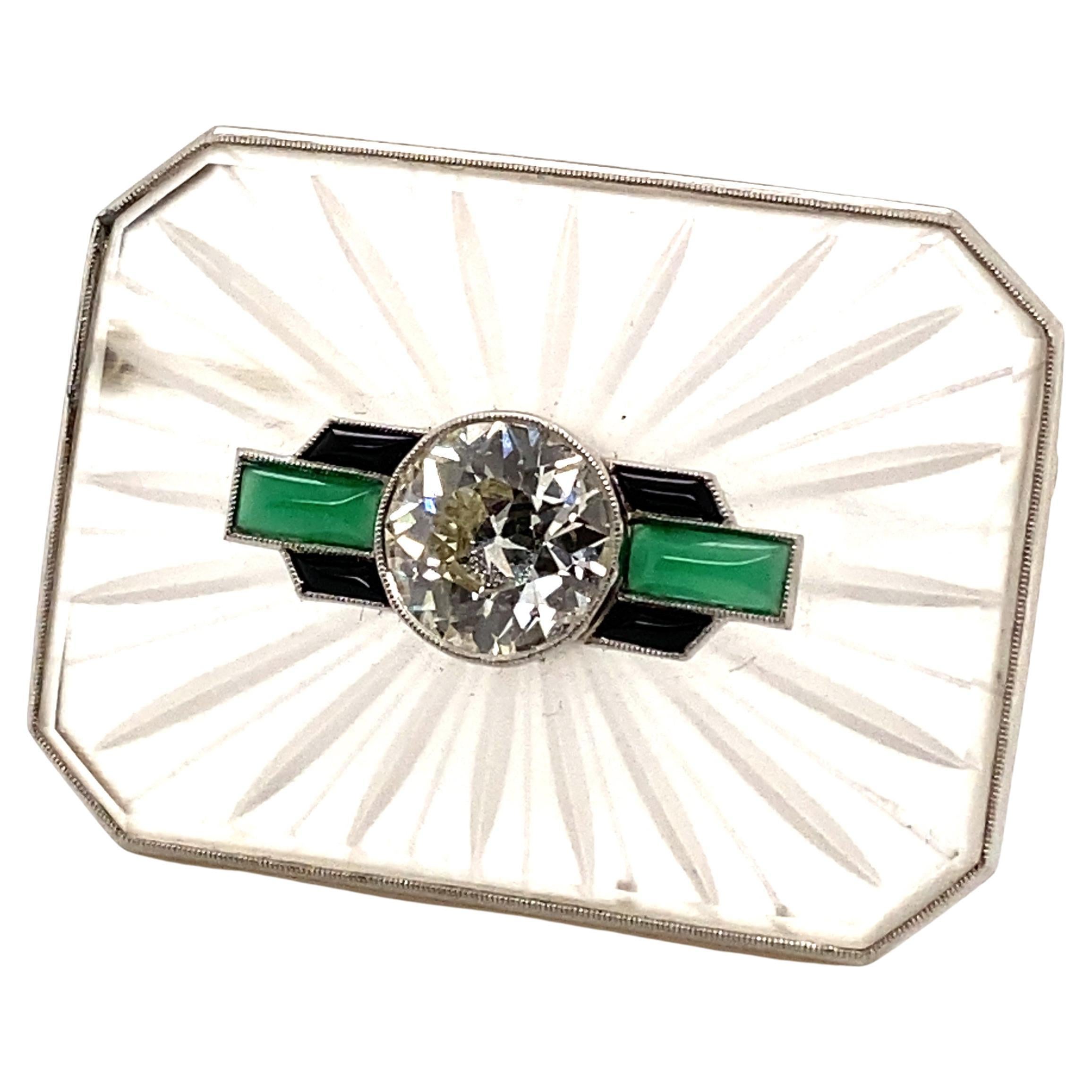 Brosche aus Platin 950 mit Diamanten und Kristallquarz im Art déco-Stil