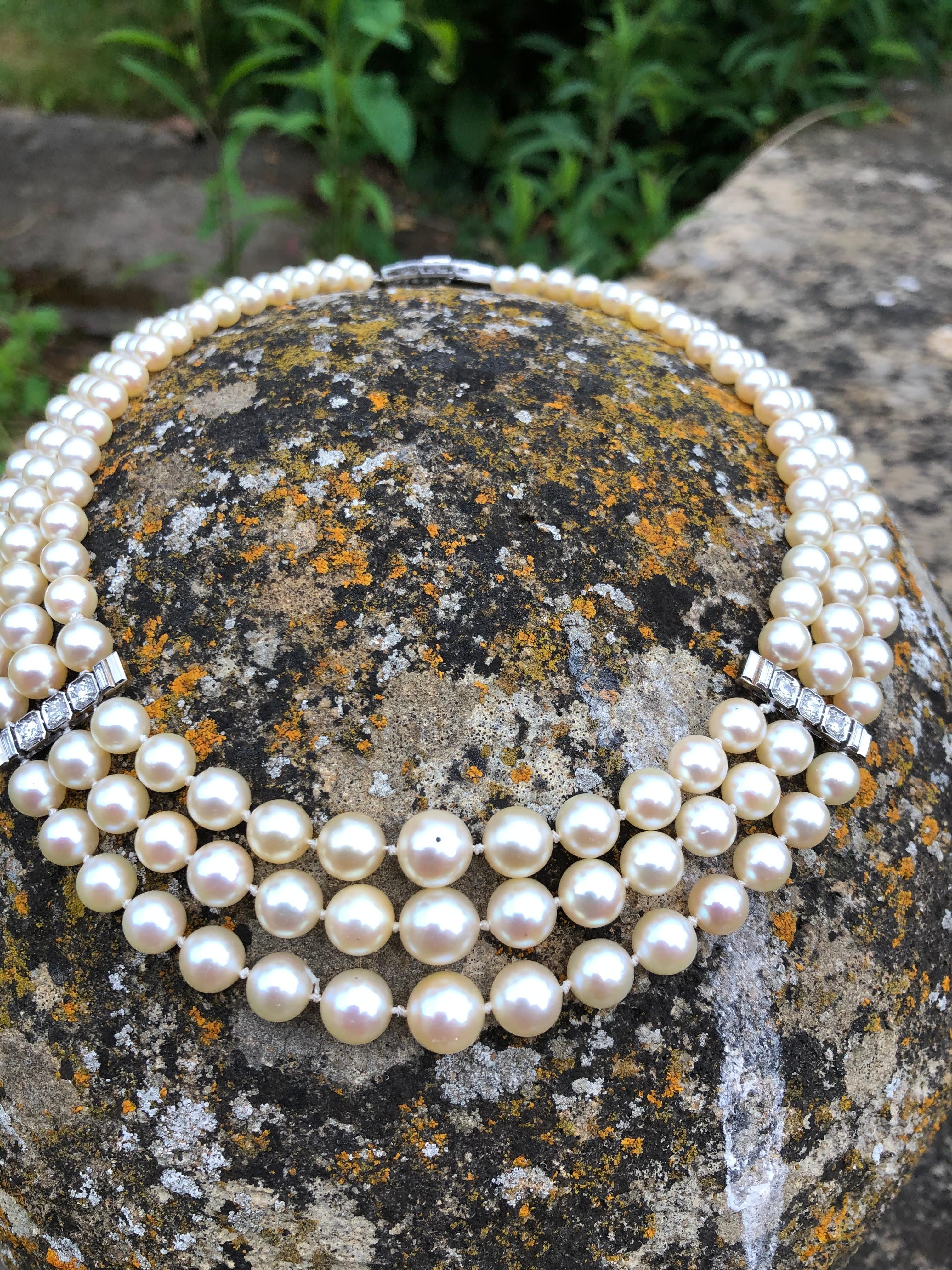 Art Deco Diamond and Cultured Pearl Triple Row Necklace In Good Condition In Chipping Campden, GB