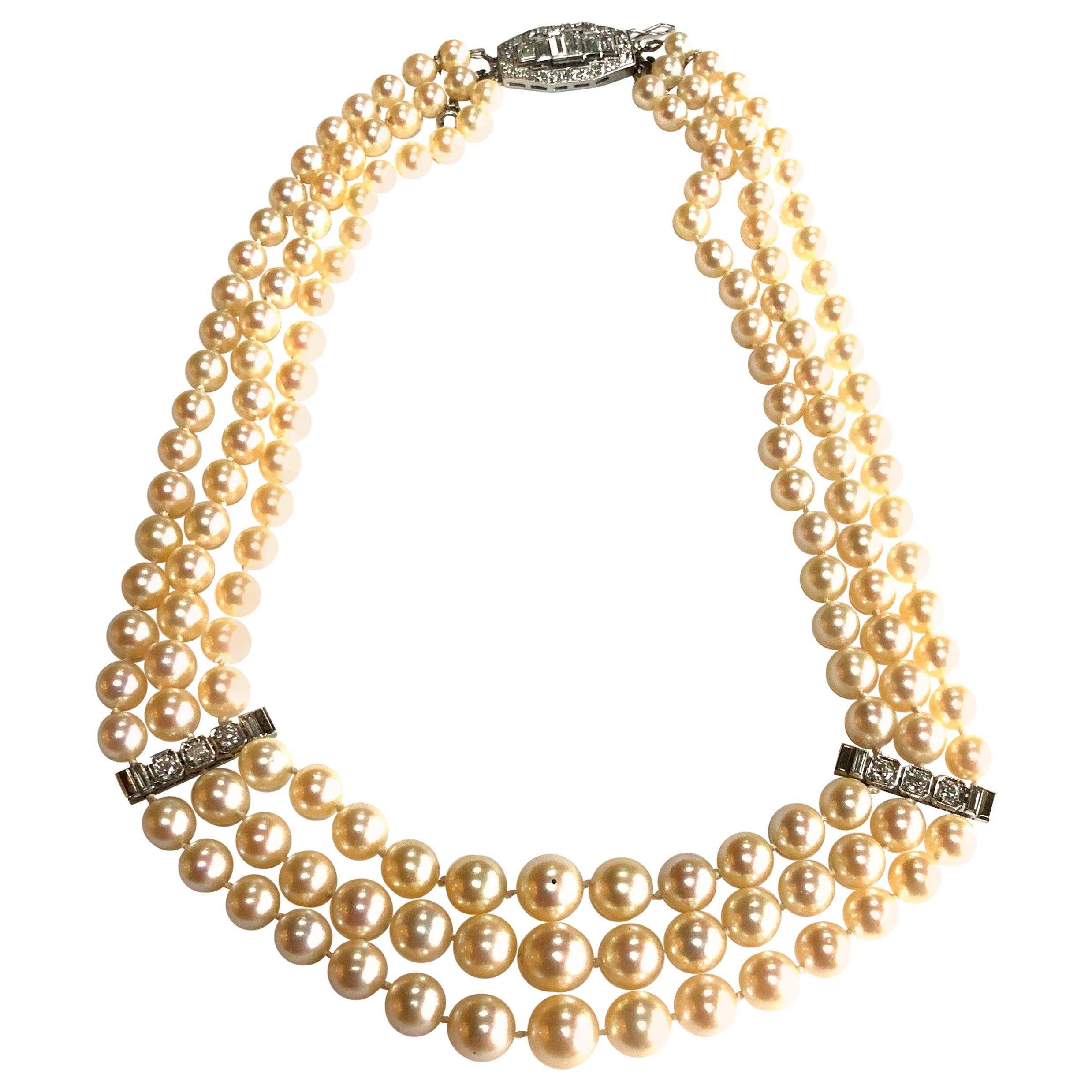 Art Deco Diamond and Cultured Pearl Triple Row Necklace