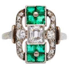 Art Deco Diamond and Emerald 14k White Gold Dinner Ring
