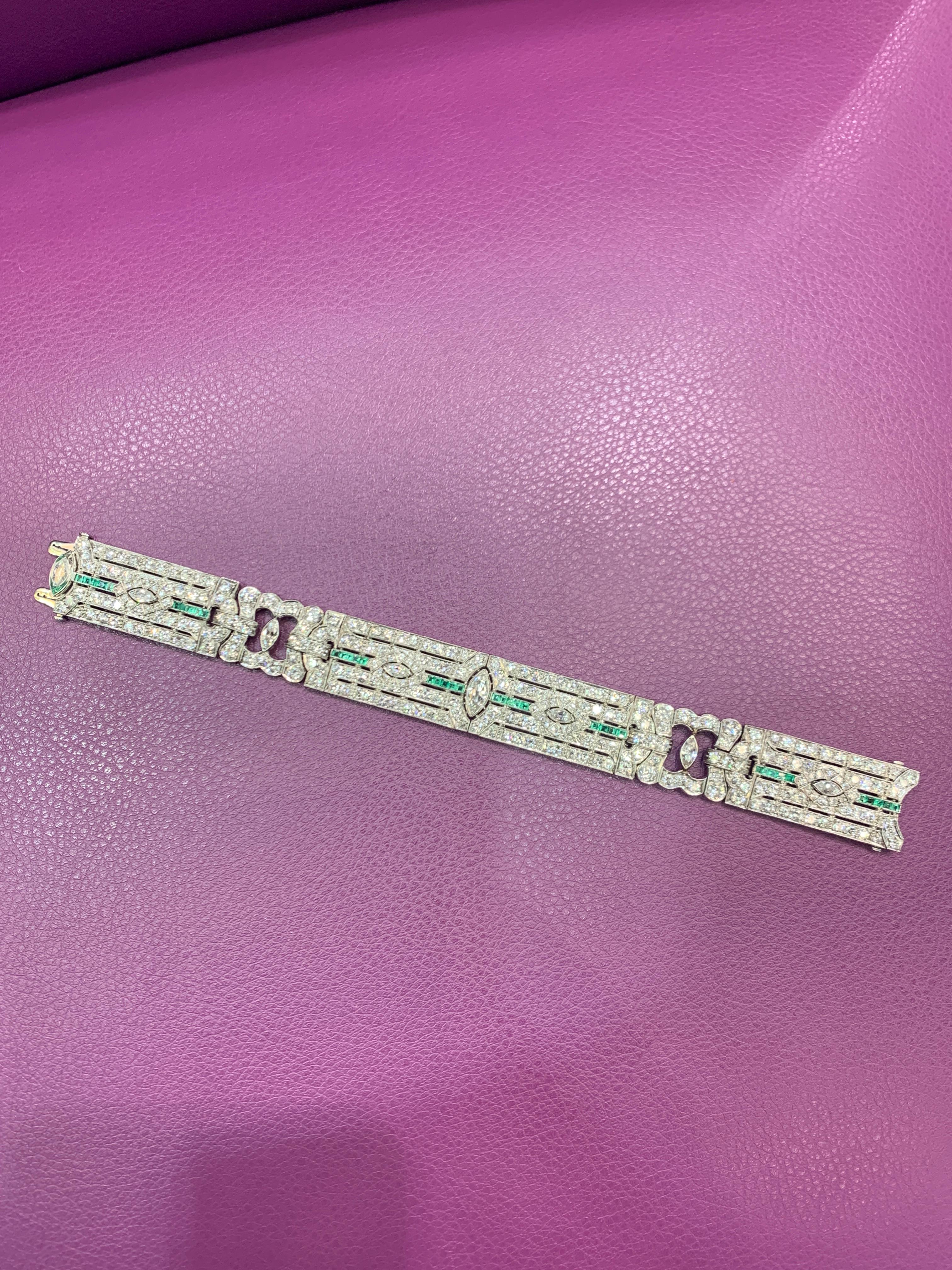 Emerald And Diamond Bracelet 
Platinum
Marquise diamond Weight: 1.97 Cts 
Round diamond Weight: 14.42 Cts
Green Emerald Weight: 2.00 Cts
Length: 7 In
Made circa 1920