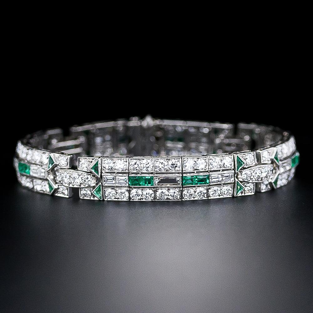 Square Cut Art Deco Diamond and Emerald Bracelet