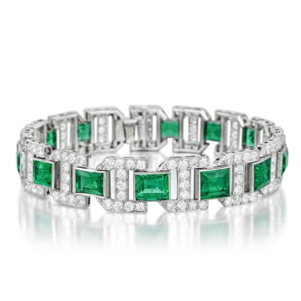 Women's Art Deco Diamond and Emerald Bracelet, French