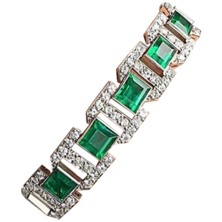 Art Deco Diamond and Emerald Bracelet, French
