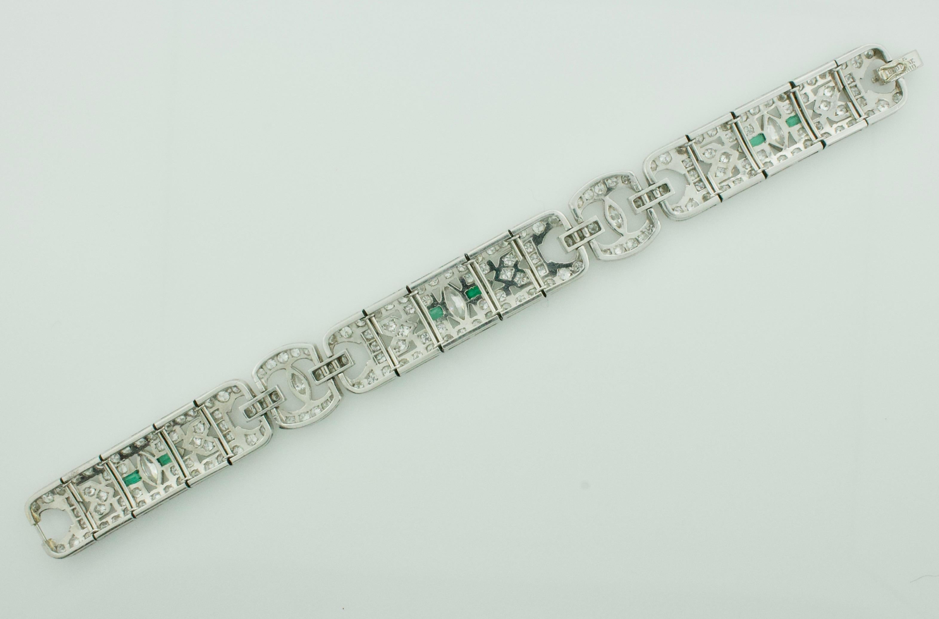 Marquise Cut Art Deco Diamond and Emerald Bracelet in Platinum, circa 1930s For Sale