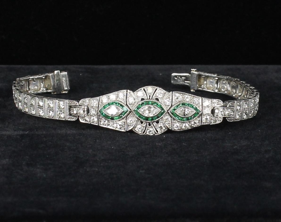 Marquise Cut  Art Deco Diamond and Emerald Bracelet in Platinum For Sale