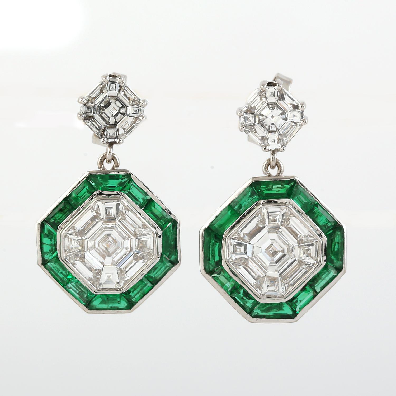 Sweet and Sassy this Art Deco Style Diamond and Emerald Earring is super elegant and charming and is set in 18K White Gold.

Closure: Push Post

18KT: 5.253gms
Diamond: 2.28cts
Emerald: 2.65cts