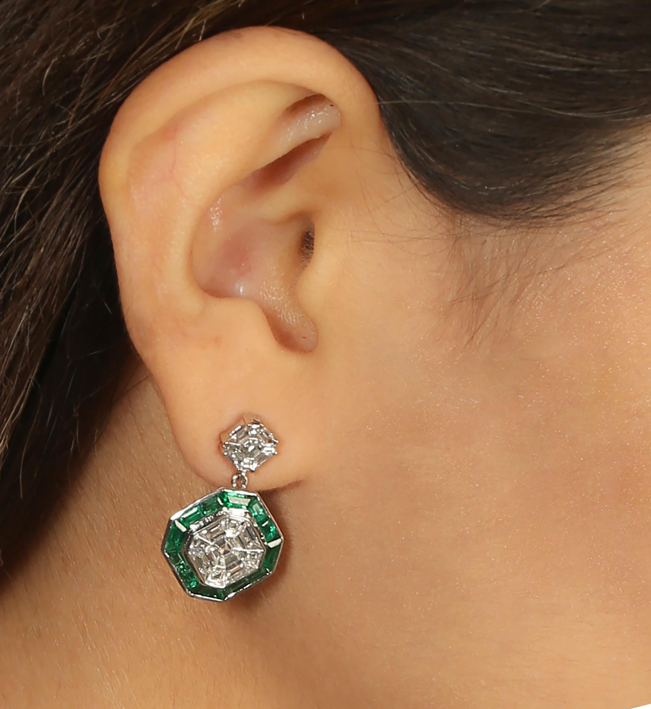 Baguette Cut Art Deco Style Diamond and Emerald Drop Earring in 18K White Gold