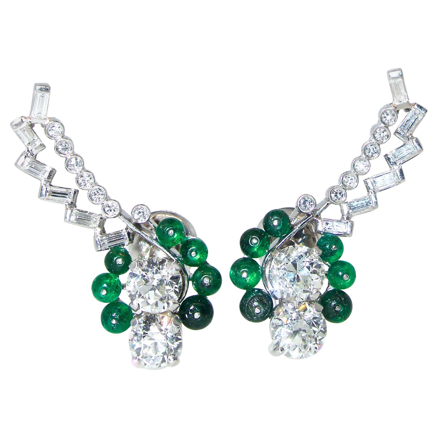 Art Deco Diamond and Emerald Earrings, circa 1935