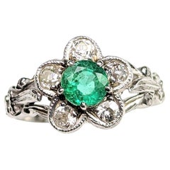 Art Deco Diamond and Emerald Flower Ring, Platinum Engagement Ring