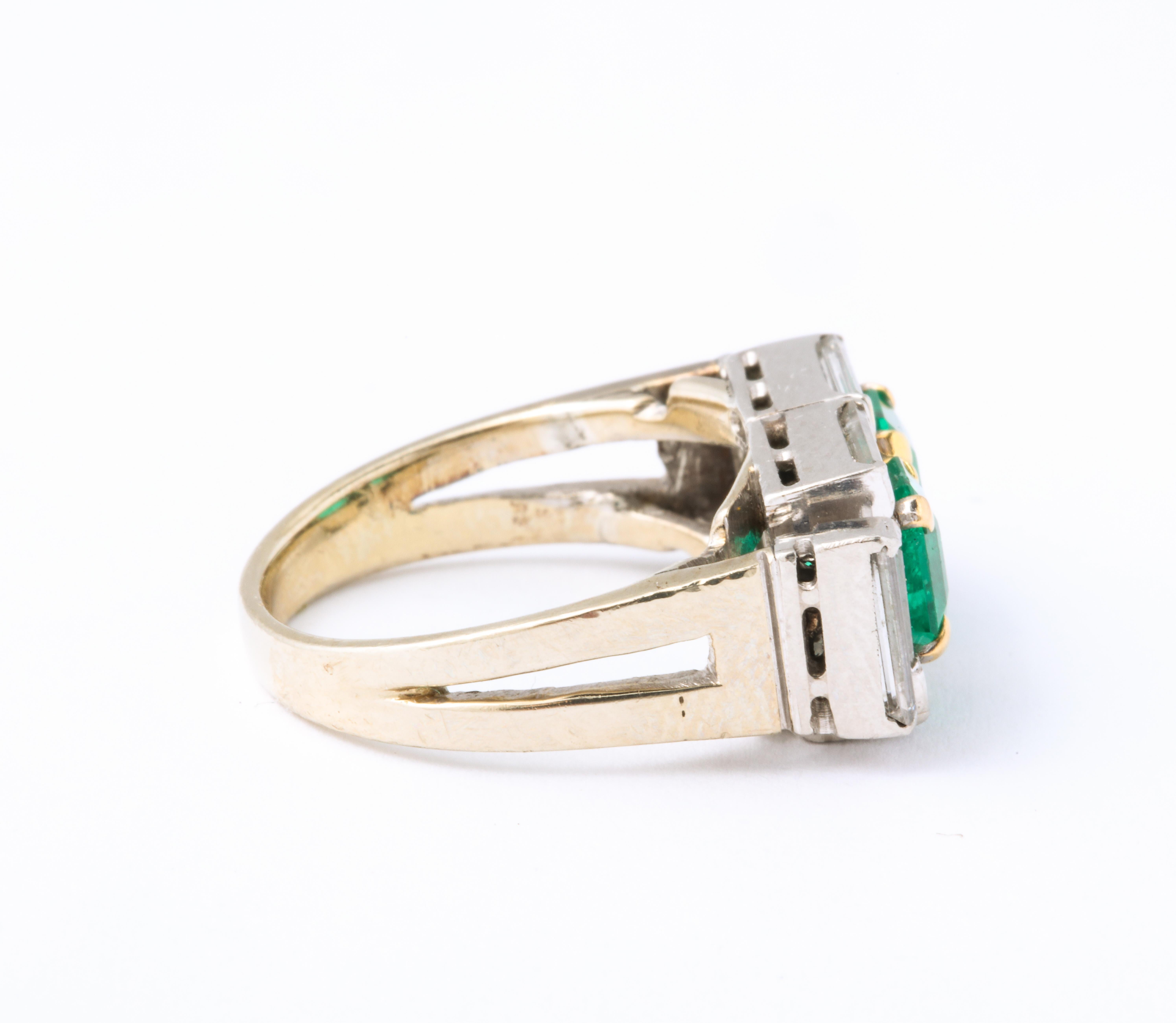 Emerald Cut Art Deco Diamond and Emerald Gold and Platinum Ring For Sale