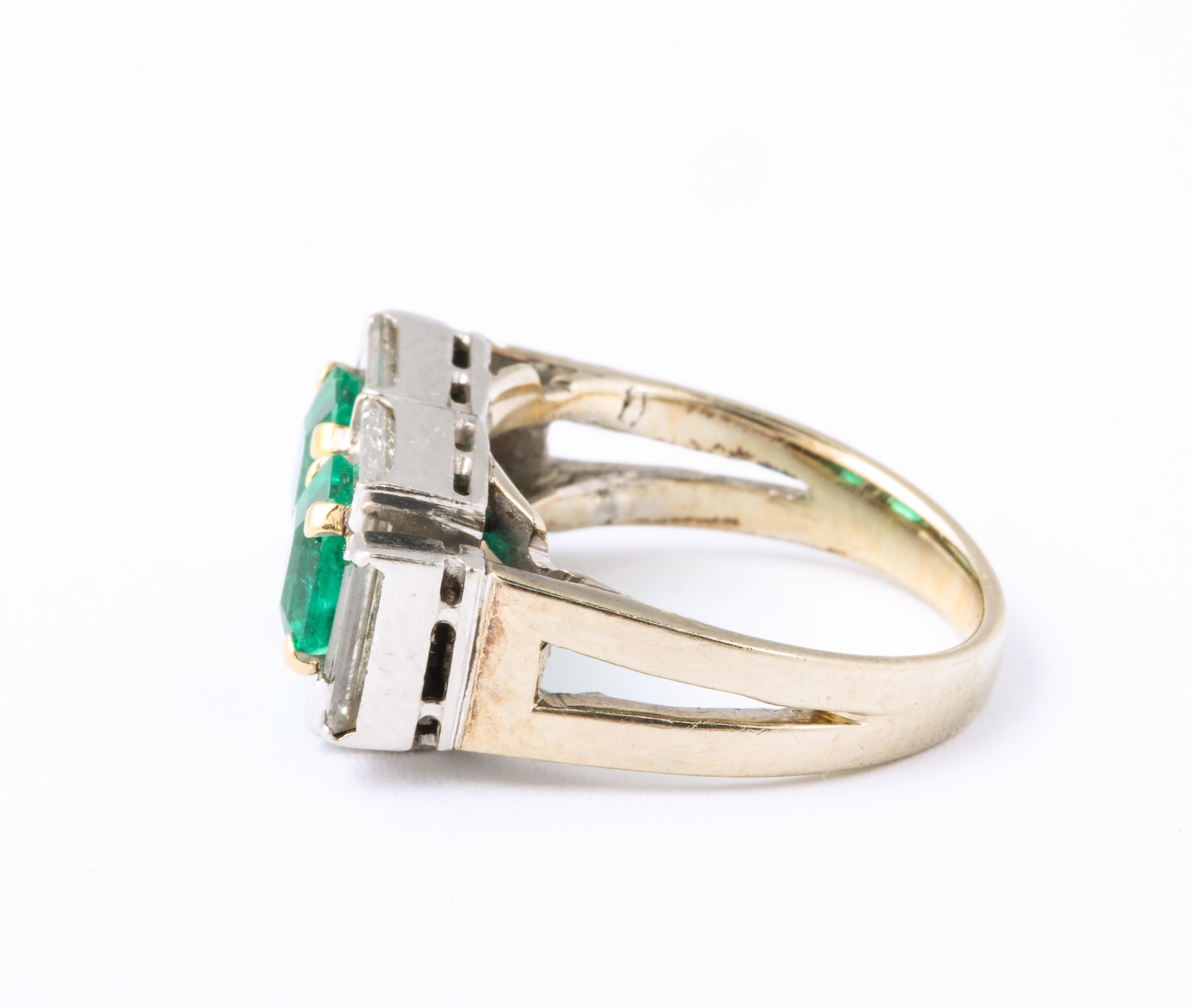Women's Art Deco Diamond and Emerald Gold and Platinum Ring For Sale