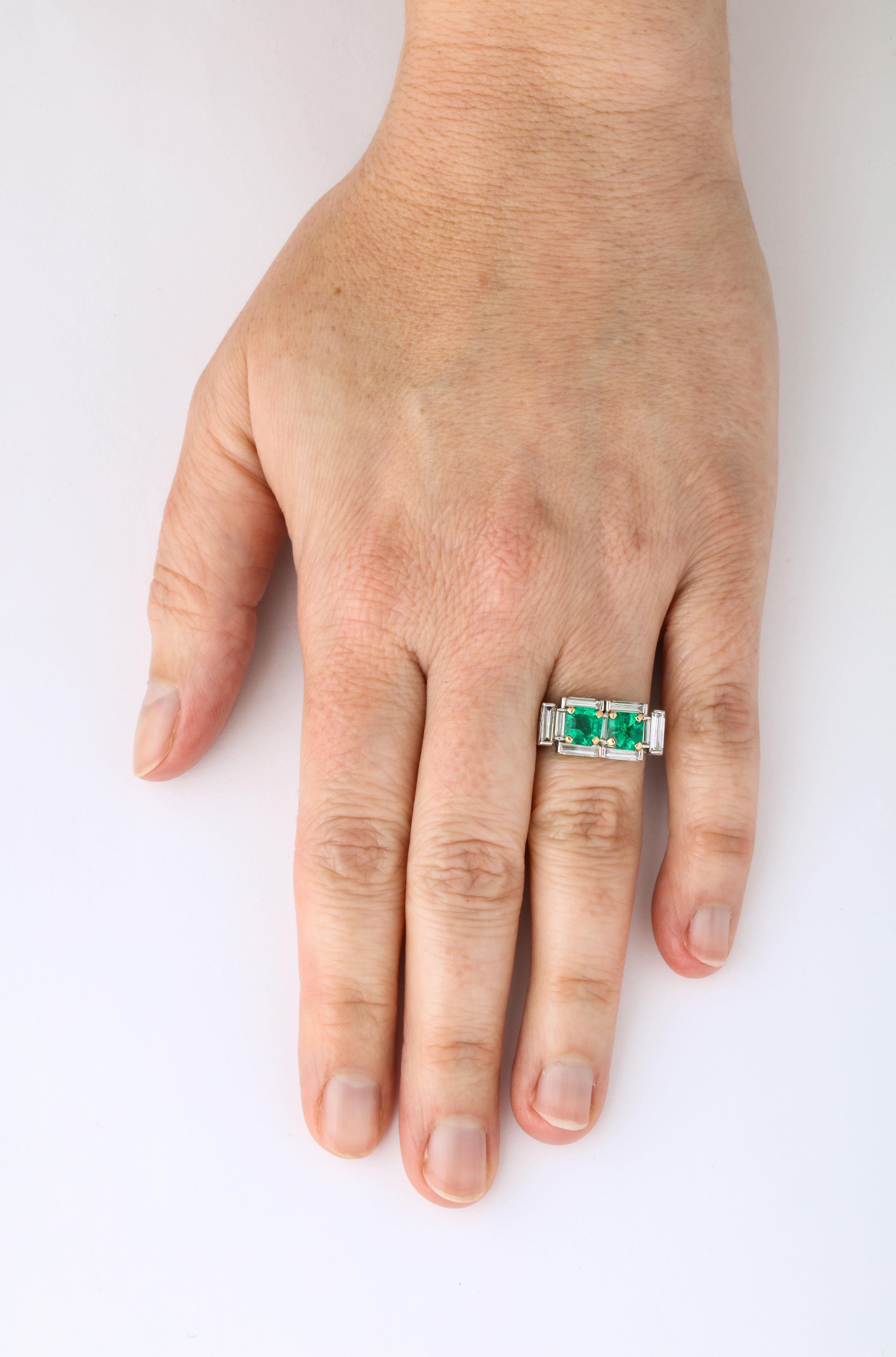 Art Deco Diamond and Emerald Gold and Platinum Ring For Sale 1