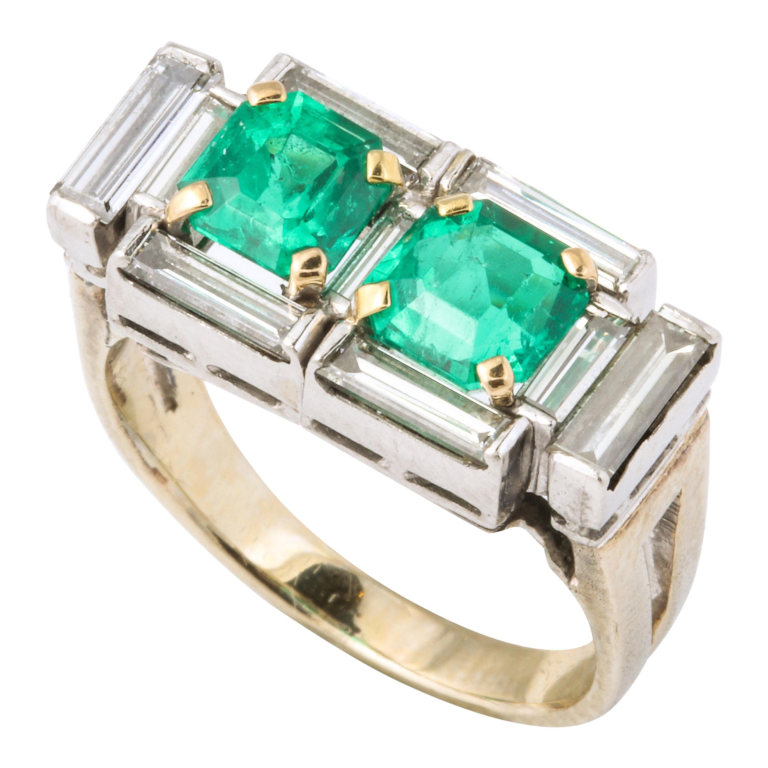 Art Deco Diamond and Emerald Gold and Platinum Ring For Sale