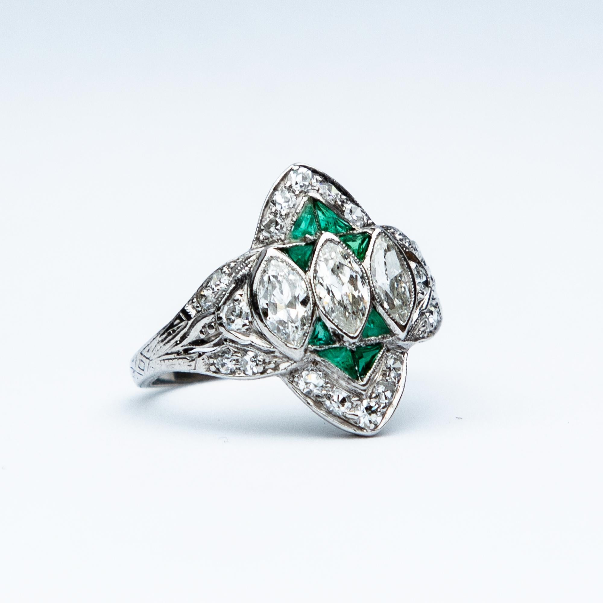 Marquise Cut Art Deco Diamond and Emerald Marquise Ring