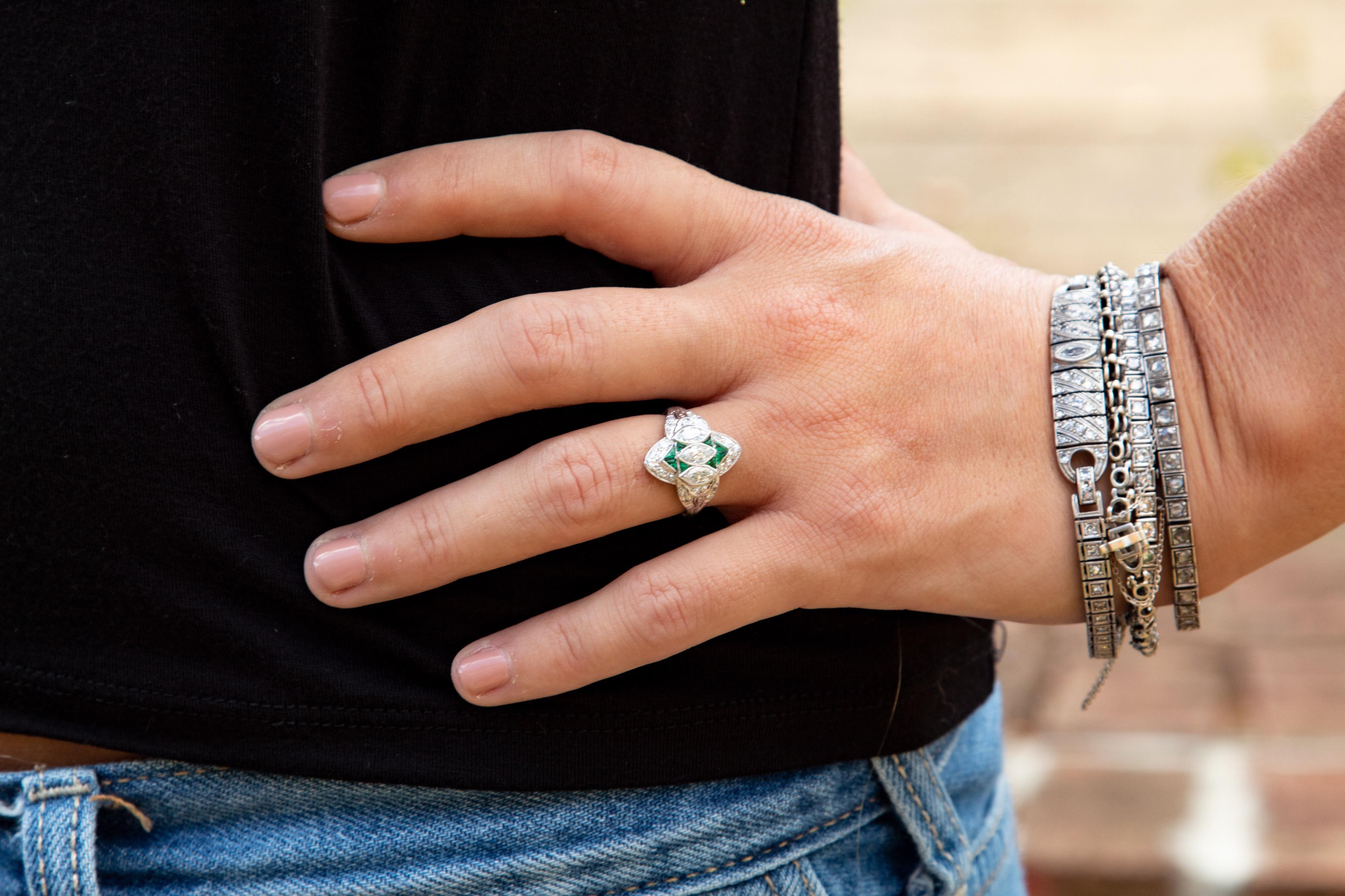 Women's Art Deco Diamond and Emerald Marquise Ring