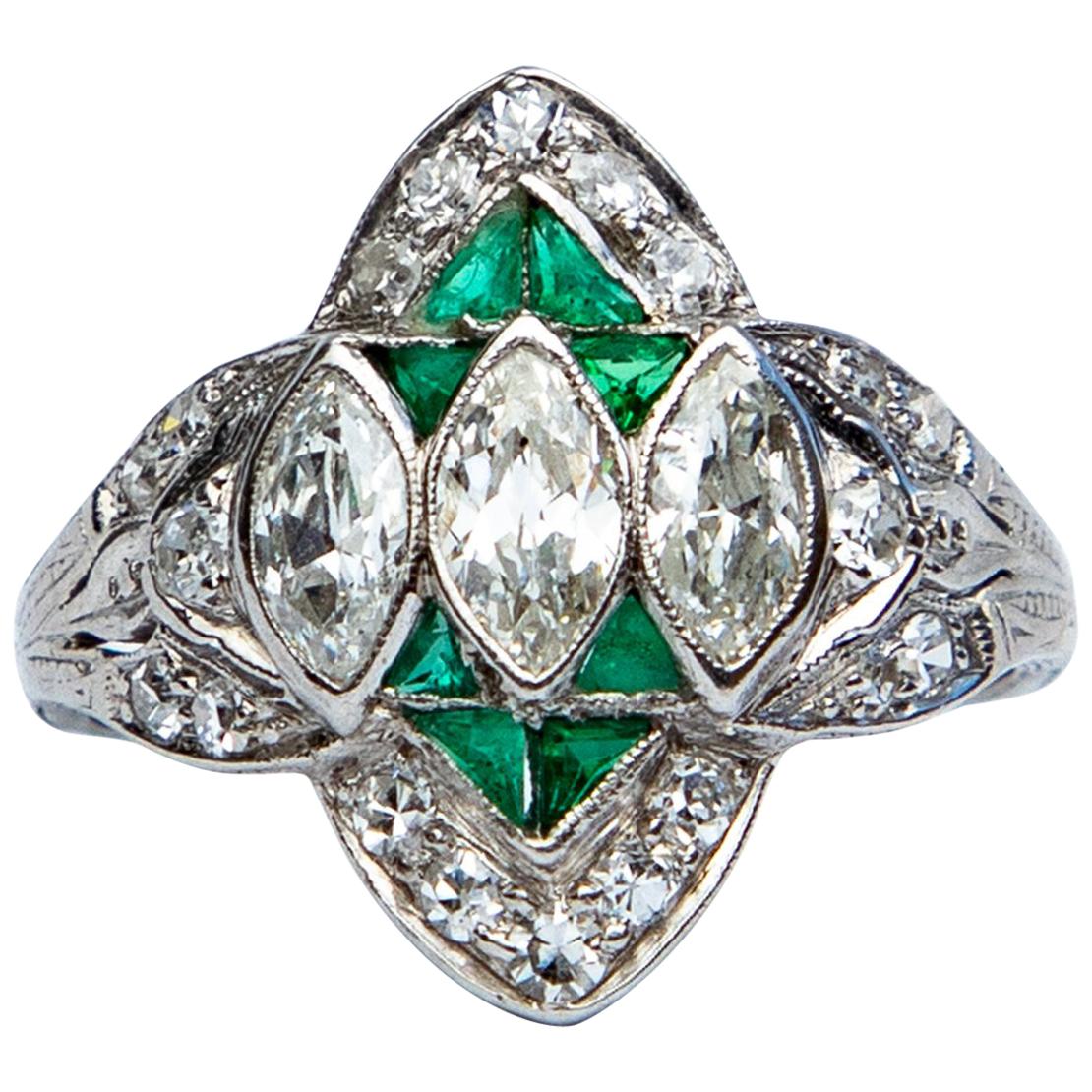 Art Deco Diamond and Emerald Marquise Ring