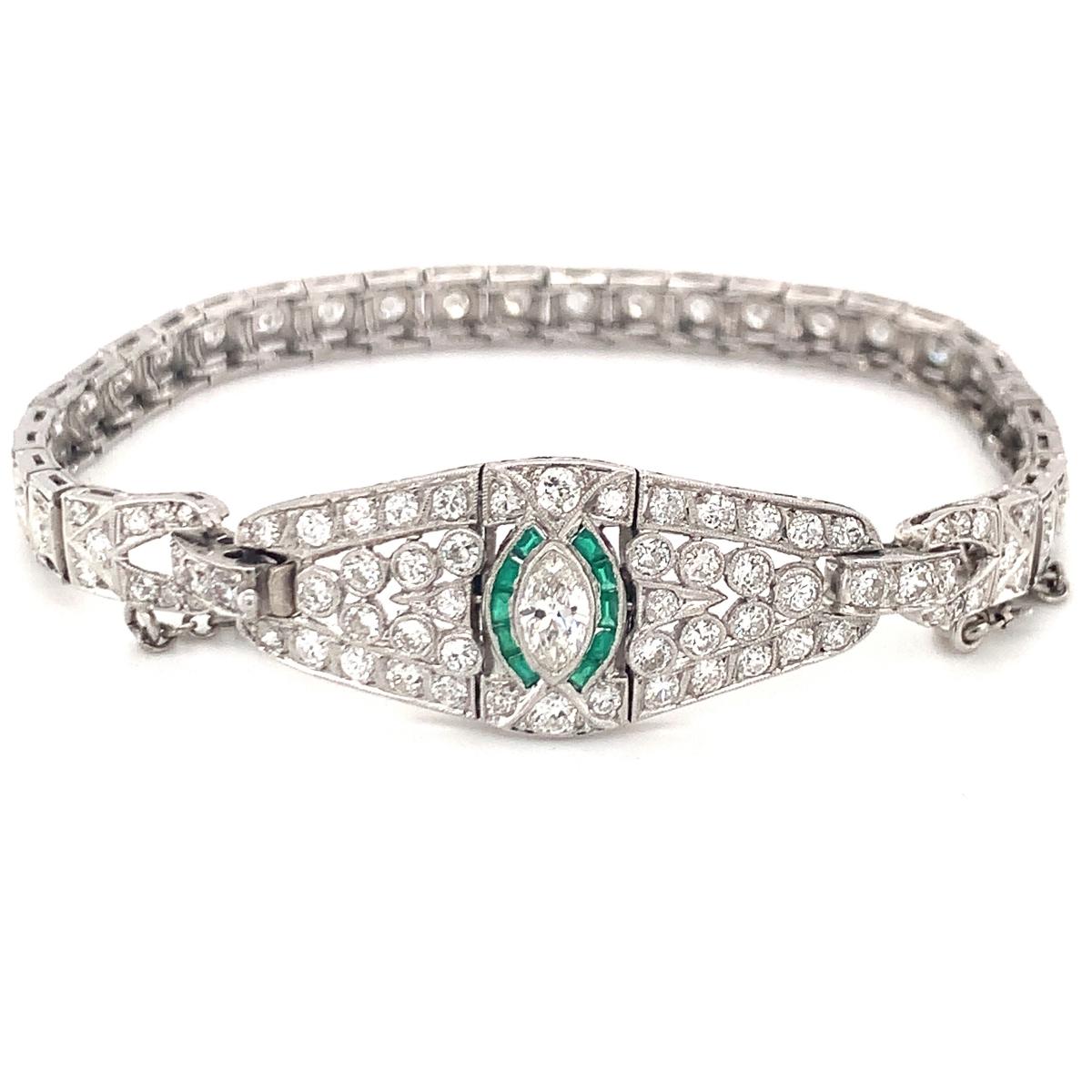 Marquise Cut Art Deco Diamond and Emerald Platinum Bracelet, circa 1920s For Sale