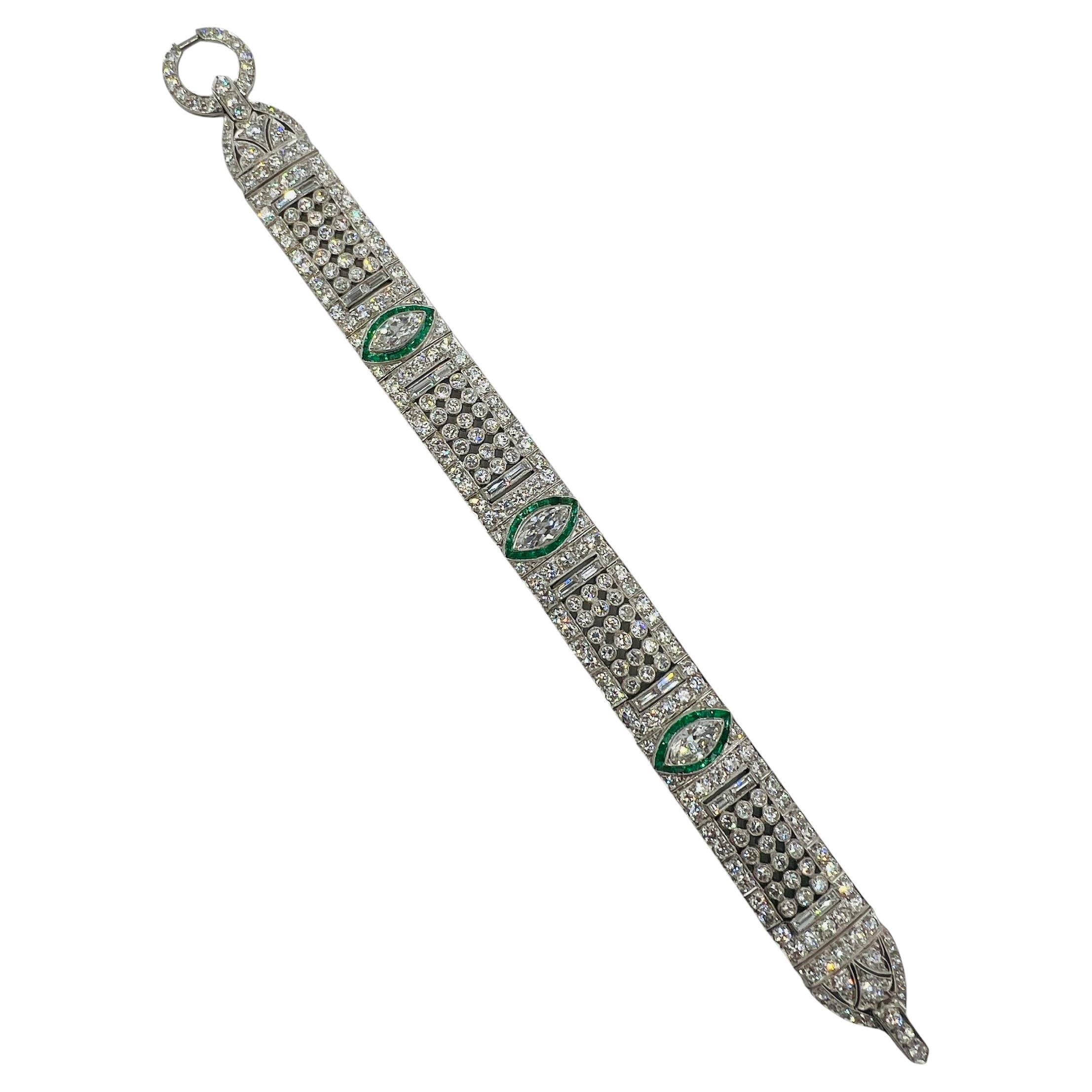 Art Deco Diamond And Emerald Platinum Bracelet Circa 1925