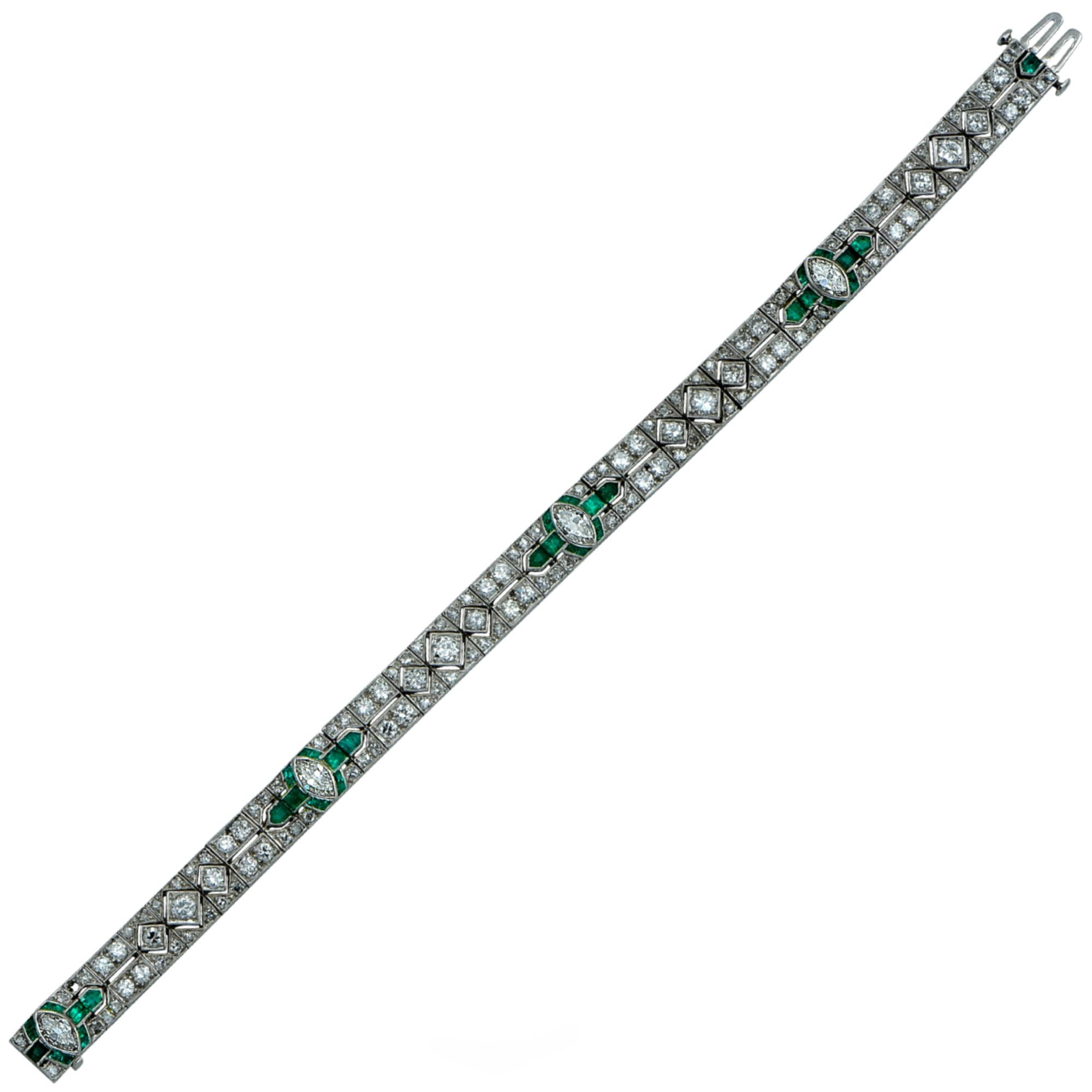 Platinum art deco bracelet featuring 4 marquise cut diamonds weighing approximately 1.6cts and 104 old European, transitional and single cut diamonds weighing approximately 3.9 carats total I-J color VS clarity. The bracelet measures 7.25 inches in
