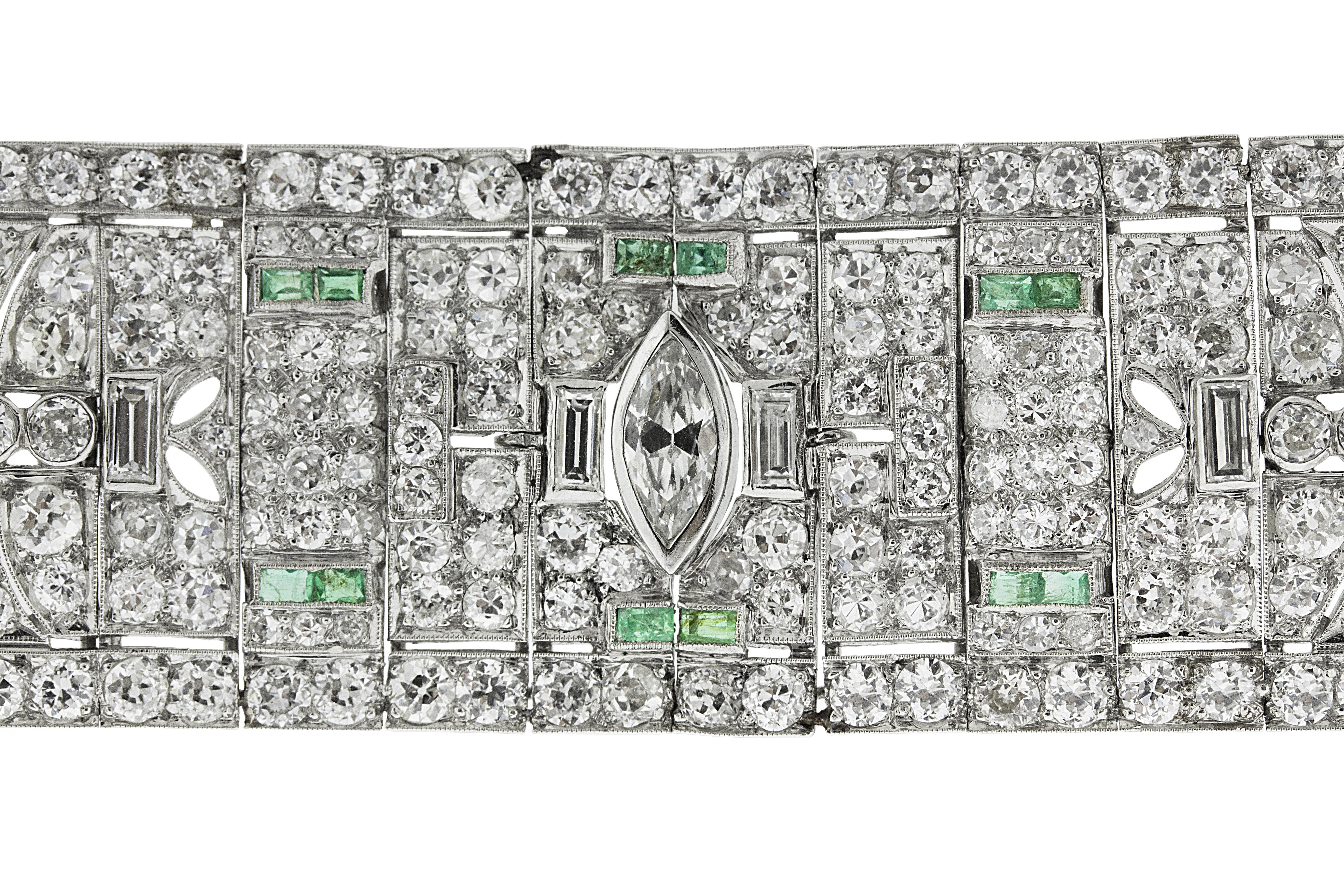 Round Cut Art Deco Diamond and Emerald Platinum Bracelet