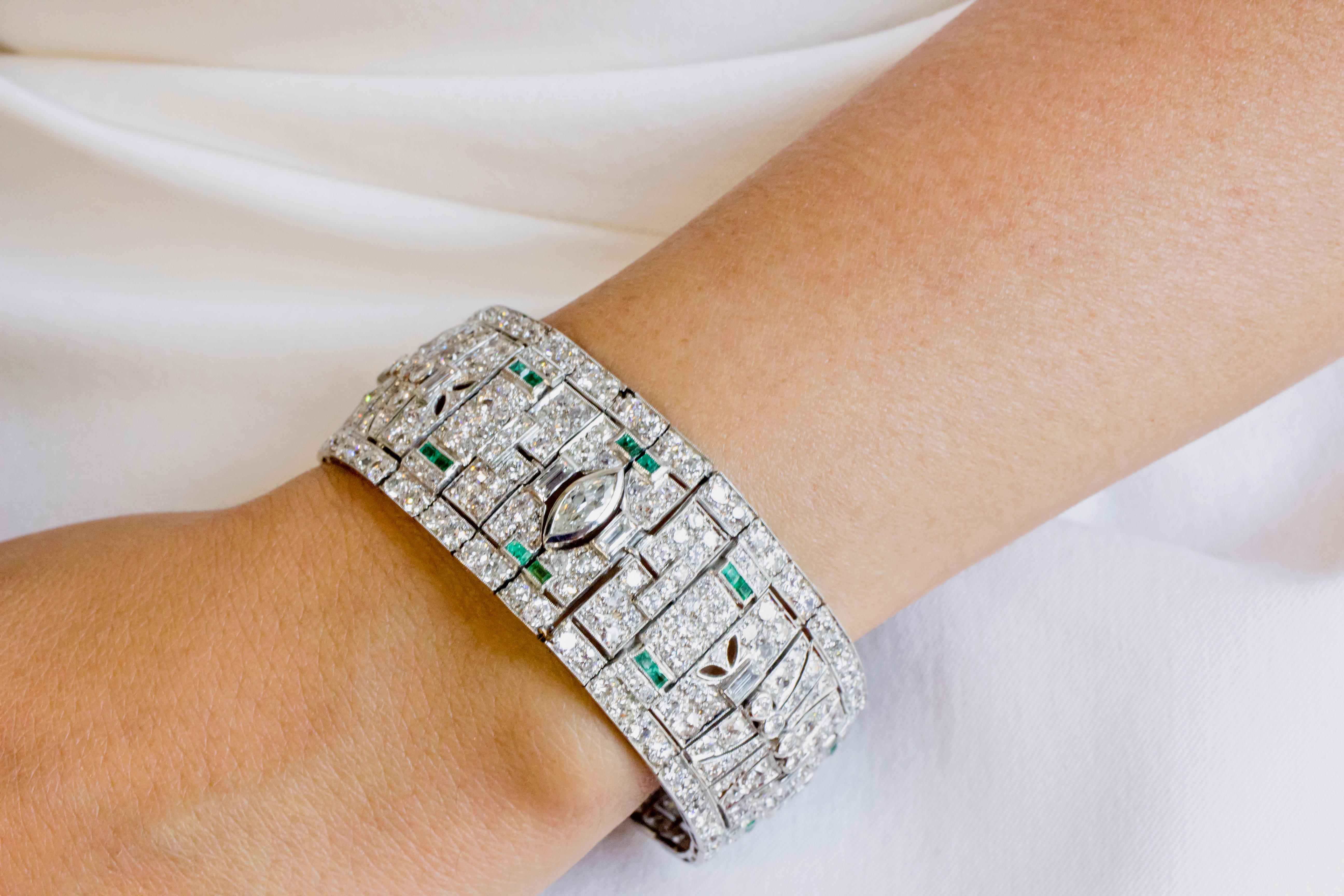Women's Art Deco Diamond and Emerald Platinum Bracelet