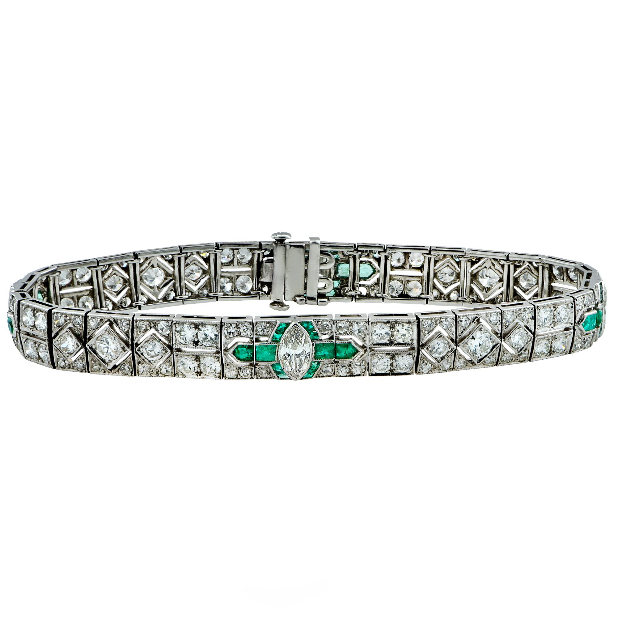 Art Deco Diamond and Emerald Platinum Bracelet