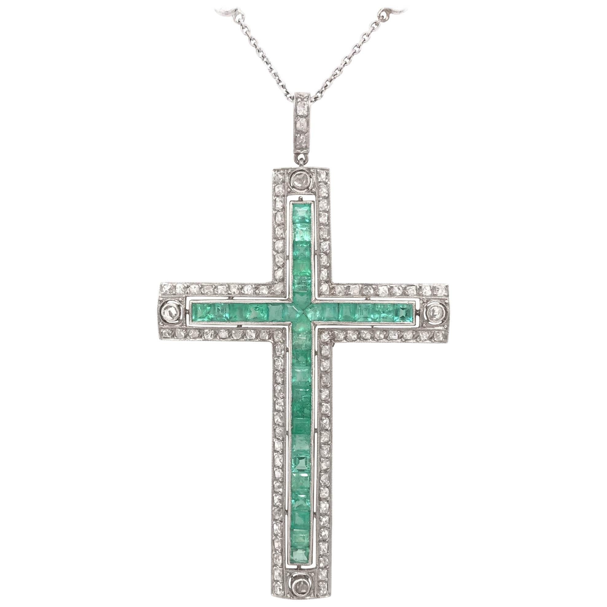 Art Deco Diamond and Emerald Platinum Cross