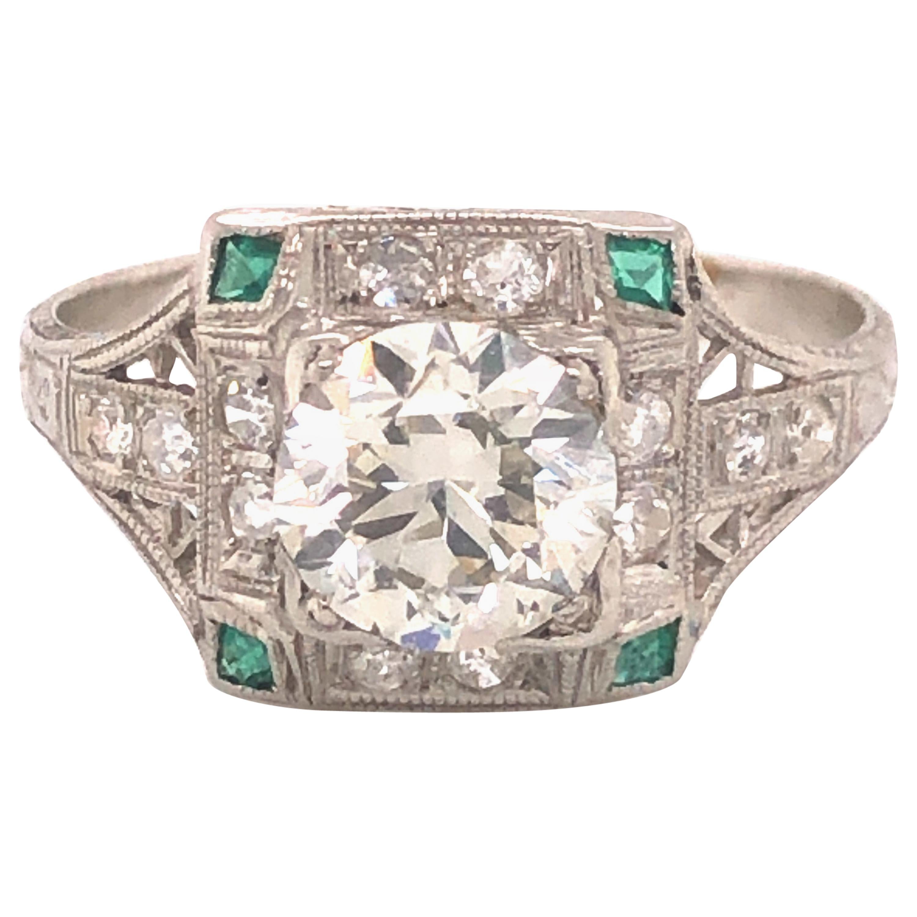 Art Deco Diamond and Emerald Platinum Ring 1.75 Carat