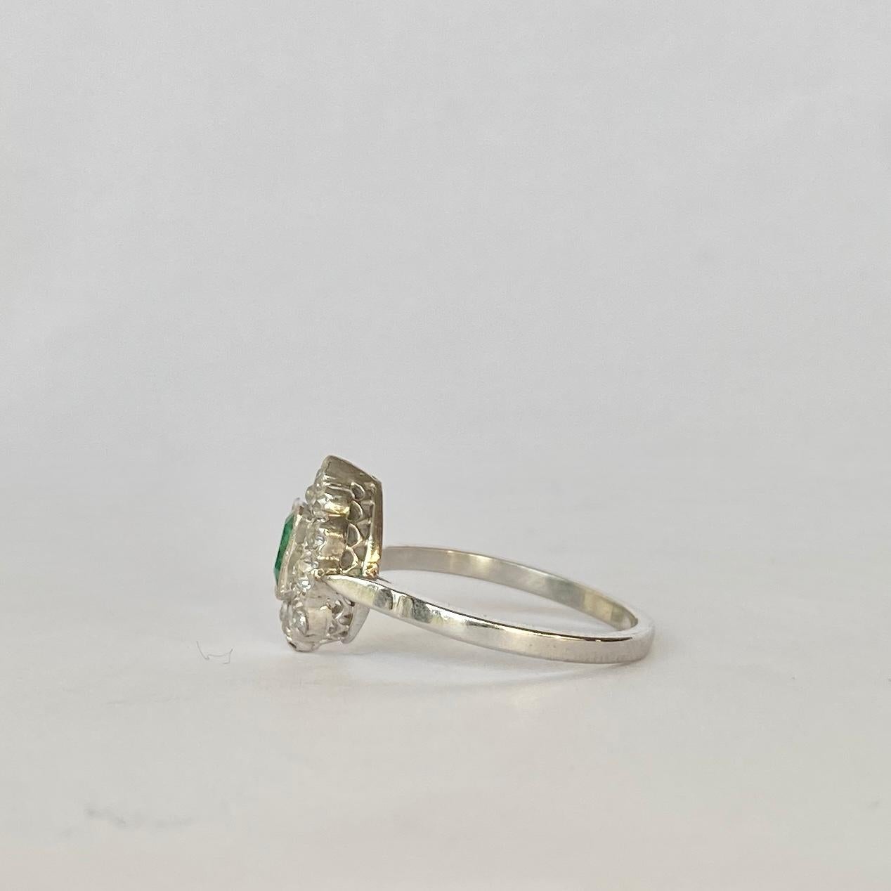 Emerald Cut Art Deco Diamond and Emerald Platinum Ring For Sale