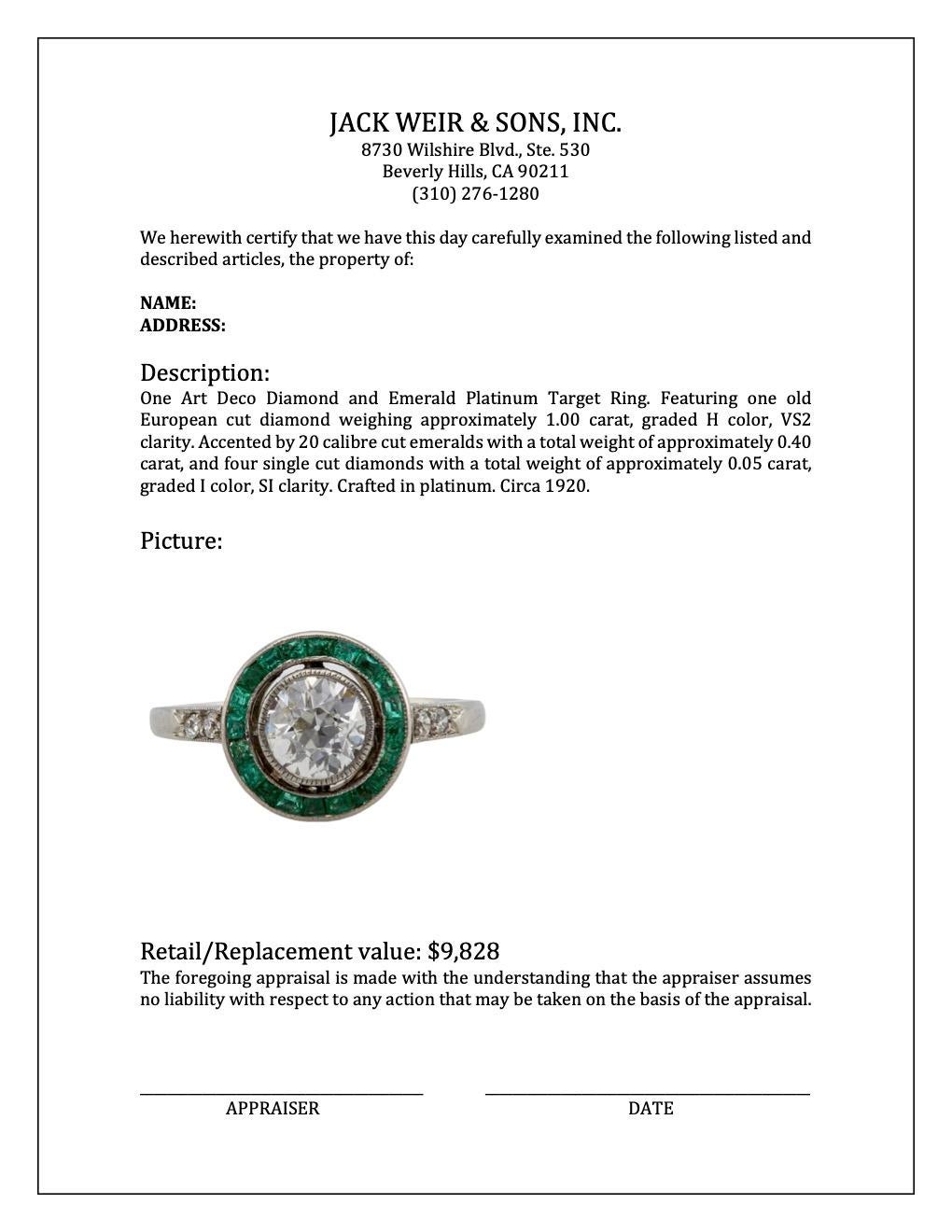Art Deco Diamant- und Smaragd-Platin-Ring mit Ziel für Damen oder Herren