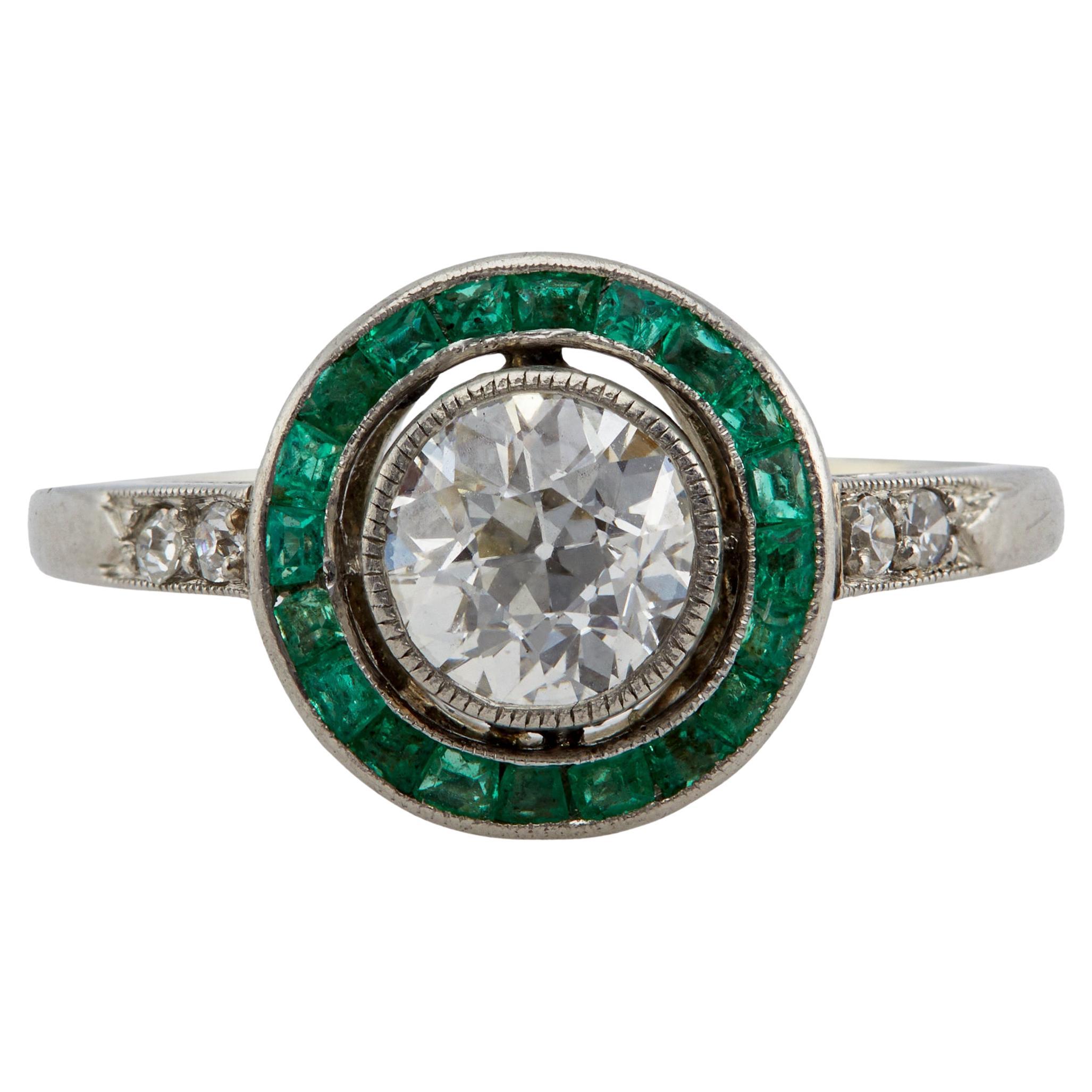 Art Deco Diamond and Emerald Platinum Target Ring