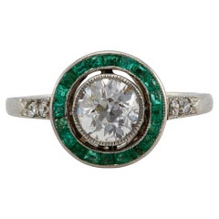 Art Deco Diamond and Emerald Platinum Target Ring
