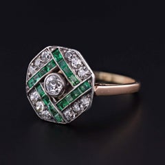 Art Deco Diamond and Emerald Ring of 14k Gold