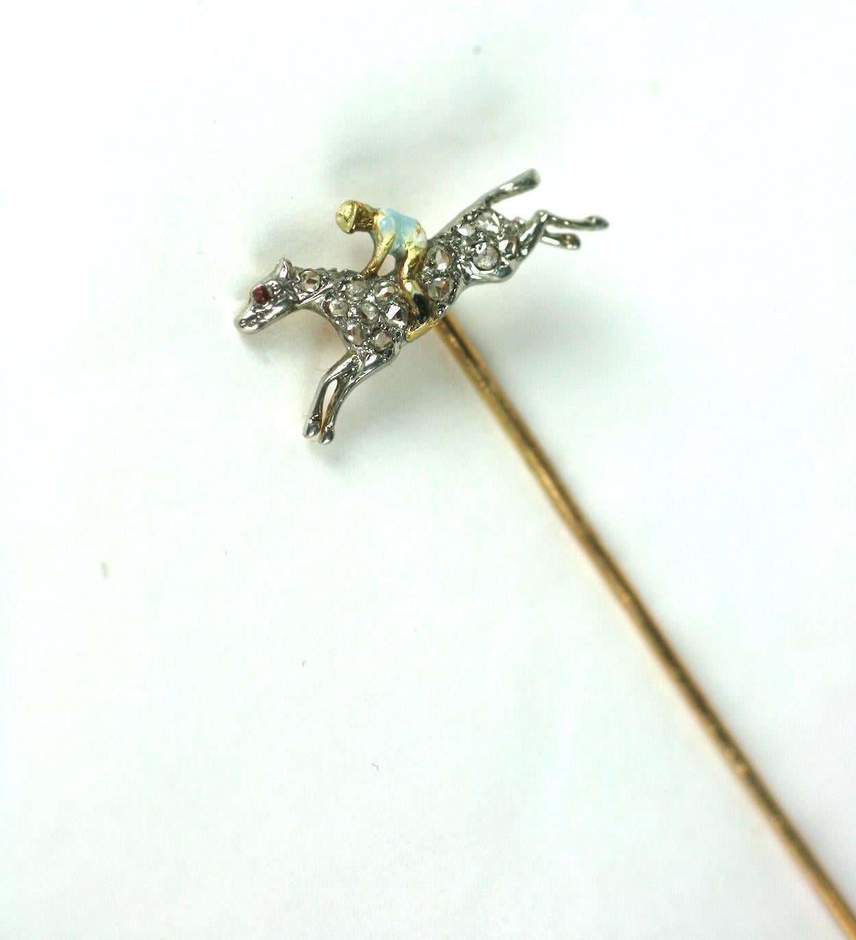 Rose Cut Art Deco Diamond and Enamel Jockey Stickpin For Sale