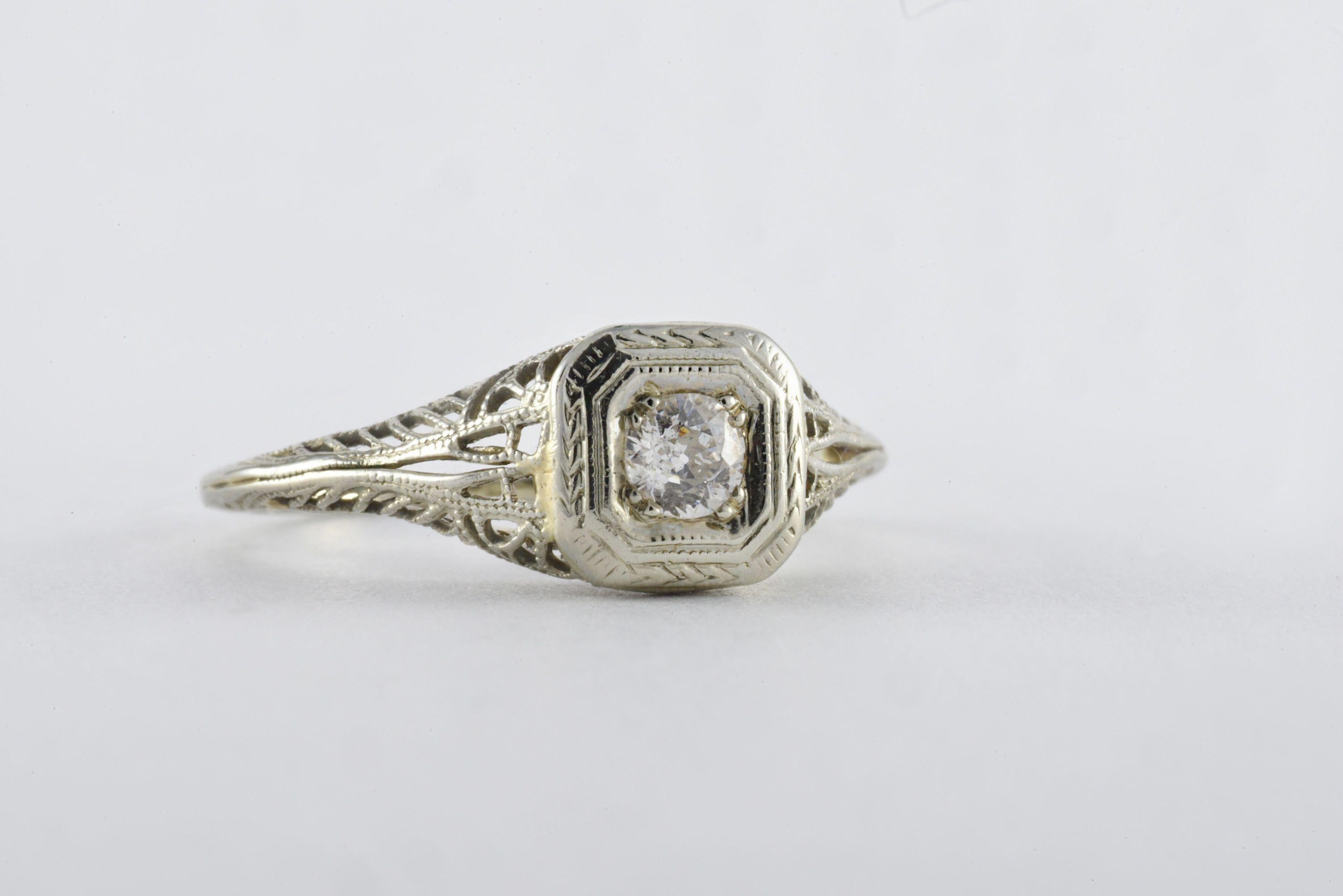 Old European Cut Art Deco Diamond and Filigree Ring  For Sale