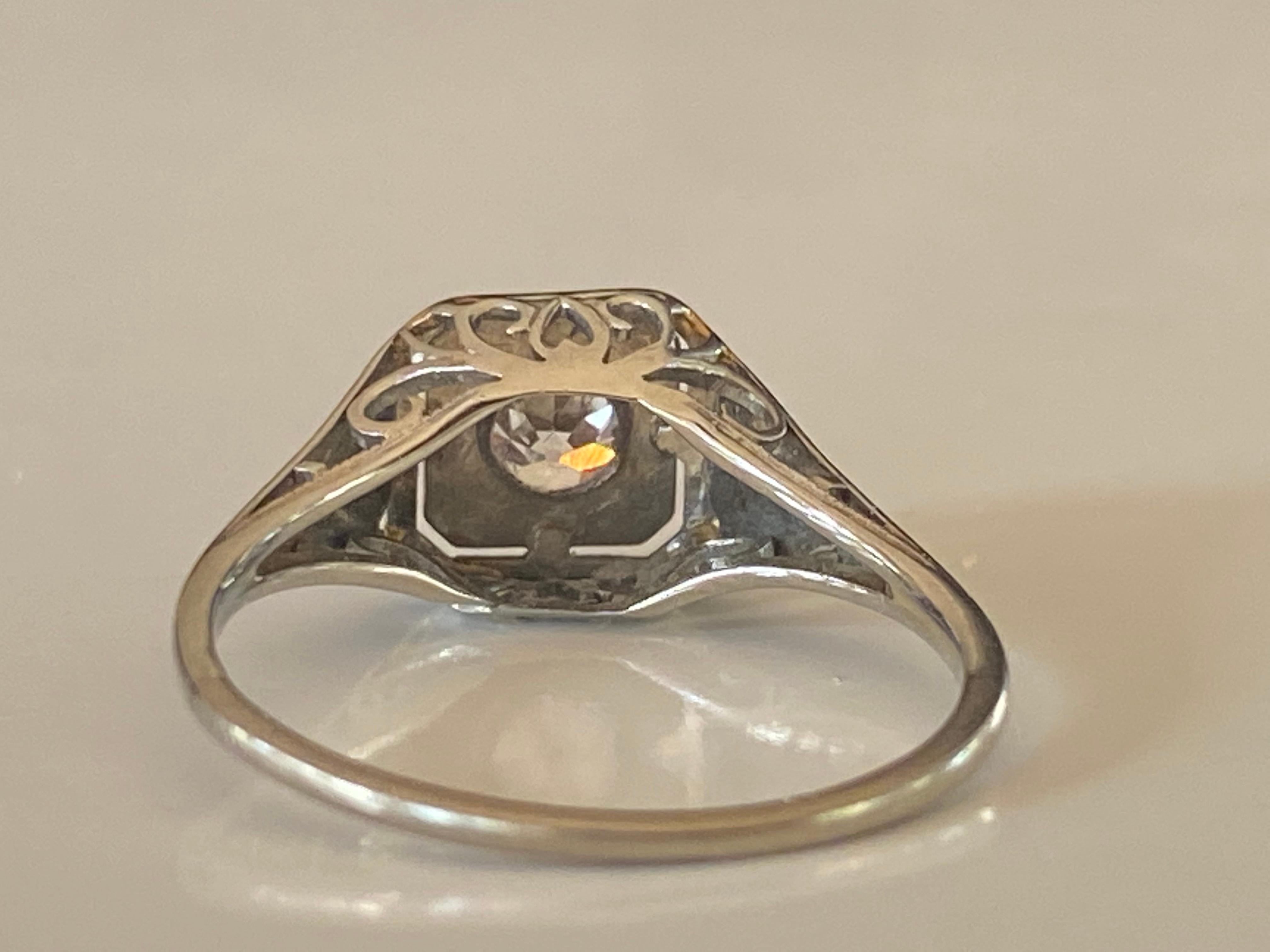 Old European Cut Art Deco Diamond and Filigree Solitaire Ring For Sale