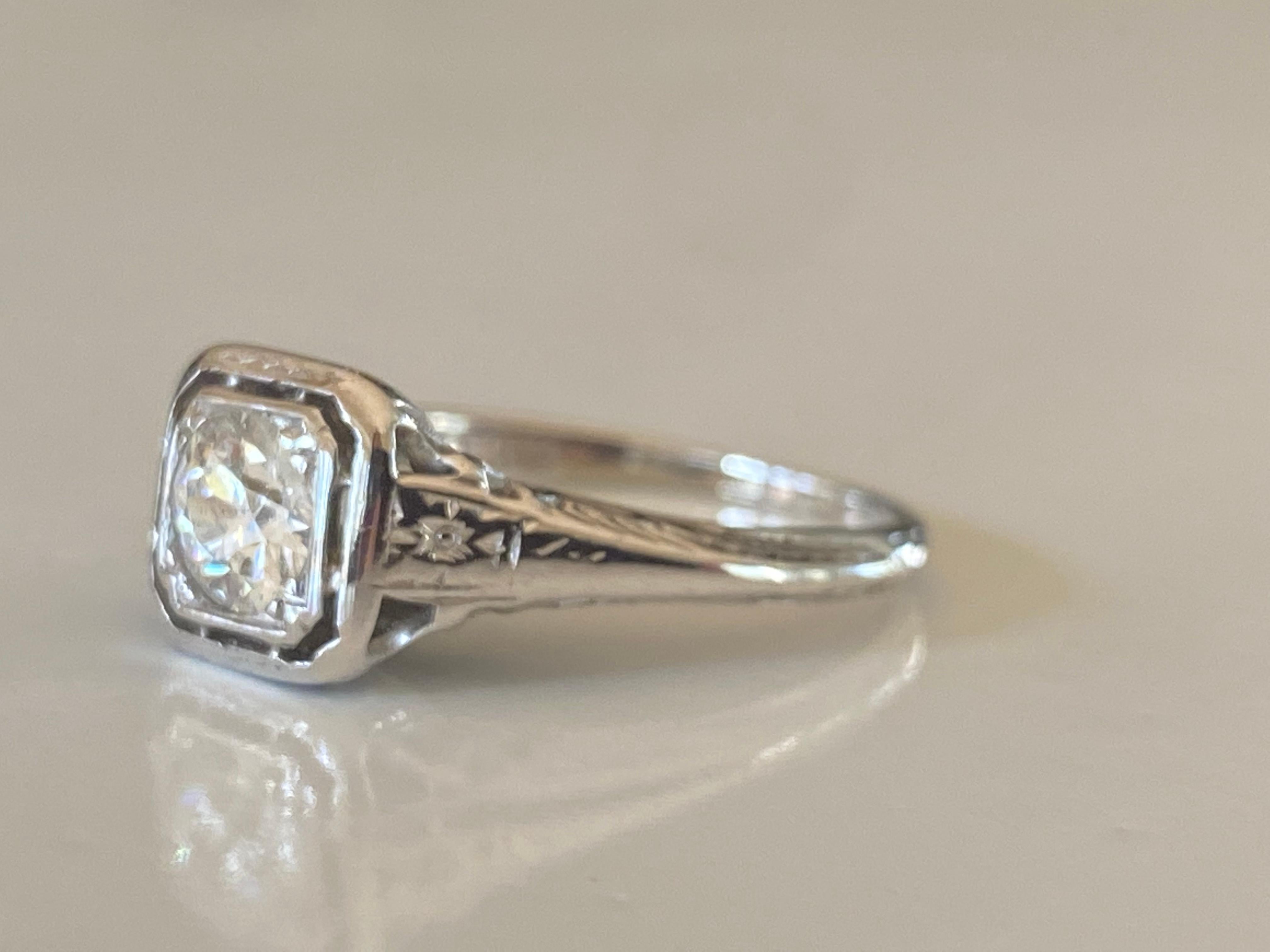 Old European Cut Art Deco Diamond and Filigree Solitaire Ring  For Sale