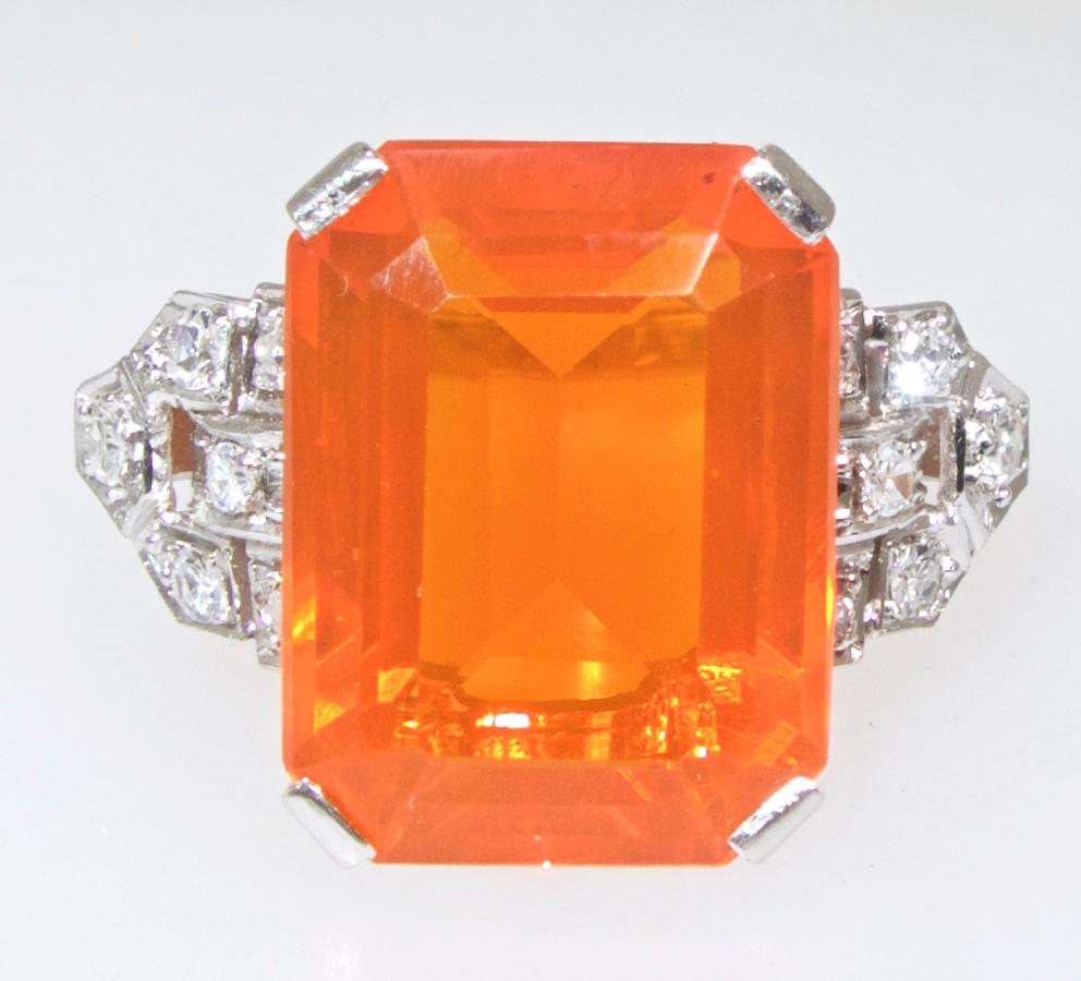Art Deco Diamond and Fire Opal Platinum Ring, circa 1930 In Excellent Condition In Aspen, CO