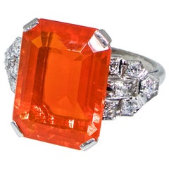 Antique Art Deco Diamond and Fire Opal Platinum Ring, circa 1930