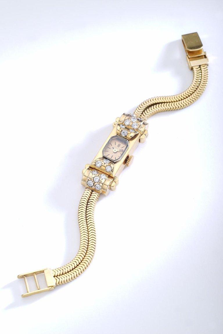 Round Cut Art Deco Diamond and Gold Snake Bracelet Wristwatch